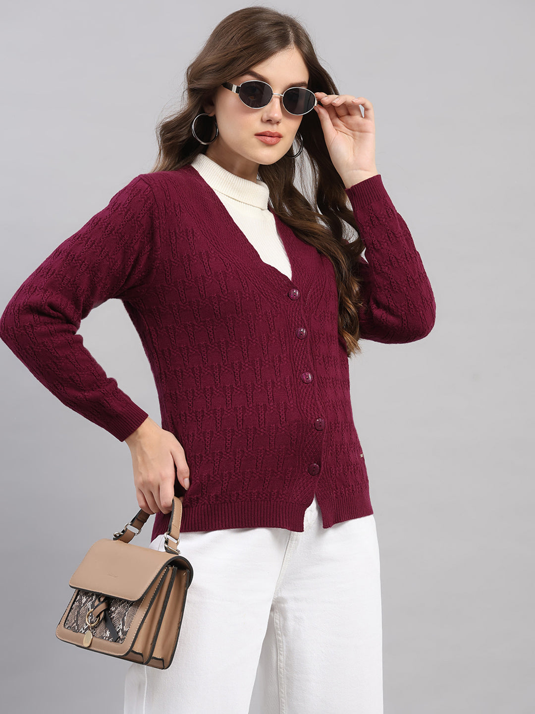 Women Purple Self Design V Neck Full Sleeve Cardigan
