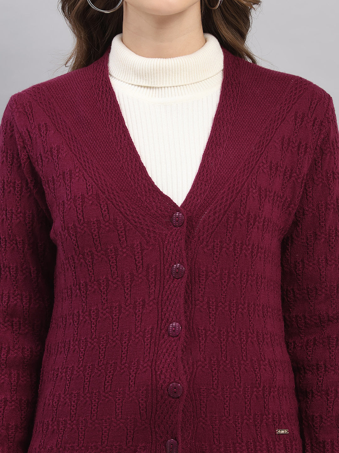 Women Purple Self Design V Neck Full Sleeve Cardigan