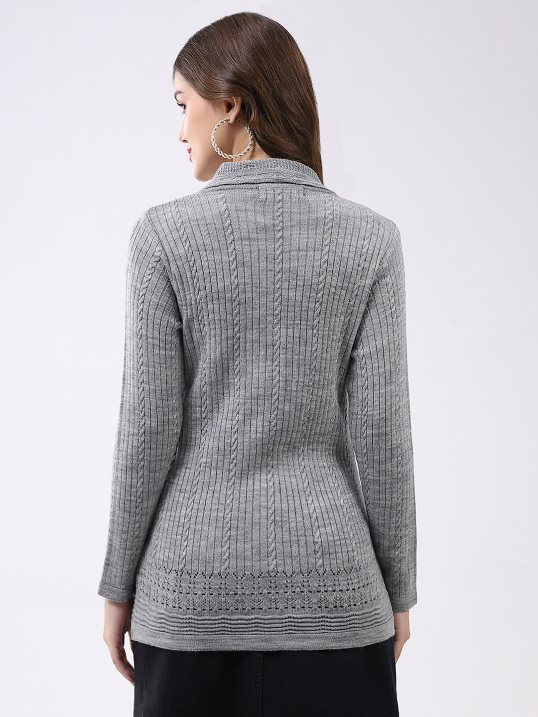 Women Grey Self Design Notch Lapel Collar Full Sleeve Cardigan