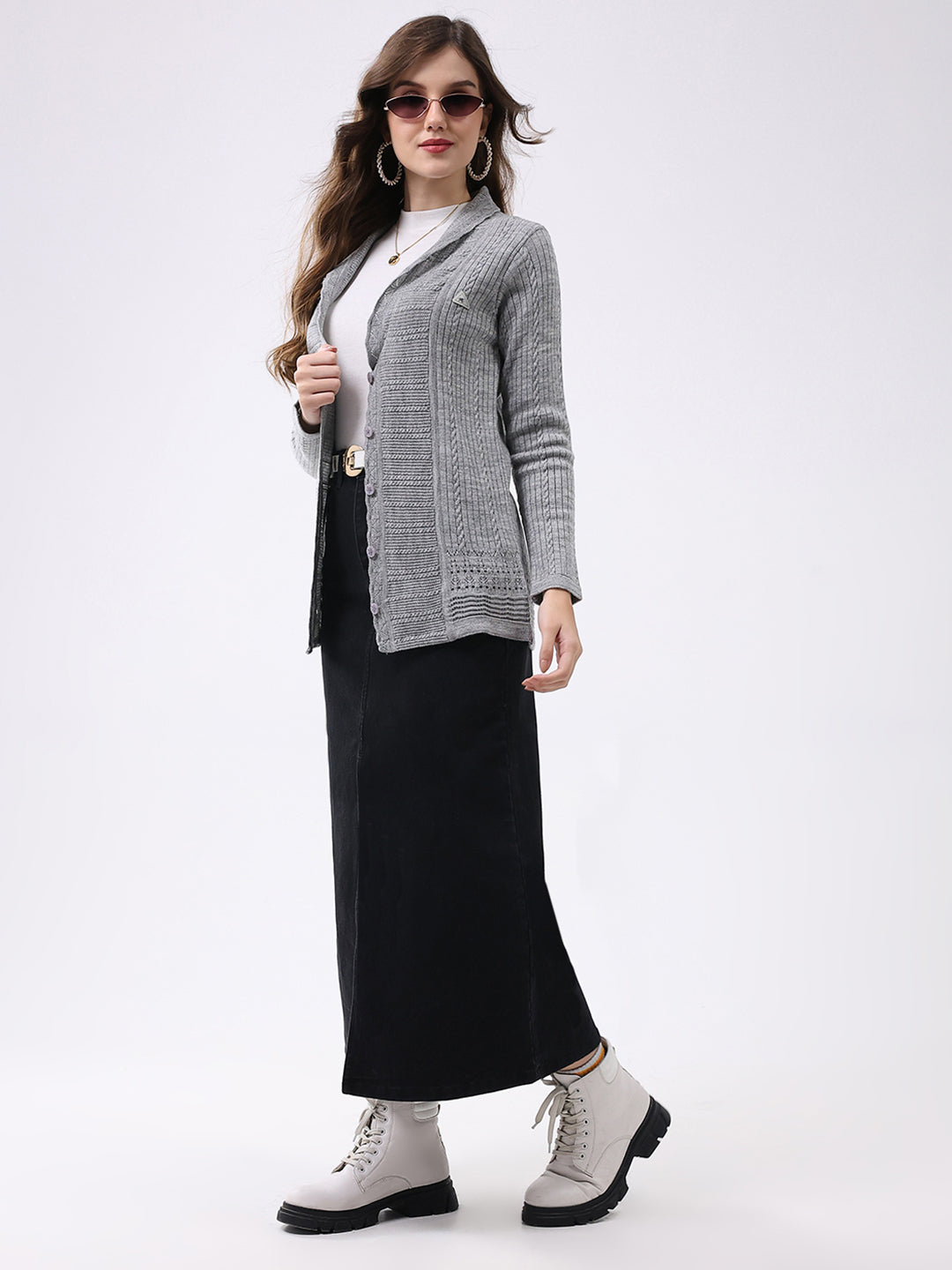 Women Grey Self Design Notch Lapel Collar Full Sleeve Cardigan