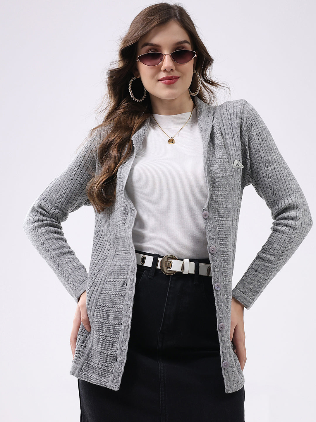 Women Grey Self Design Notch Lapel Collar Full Sleeve Cardigan