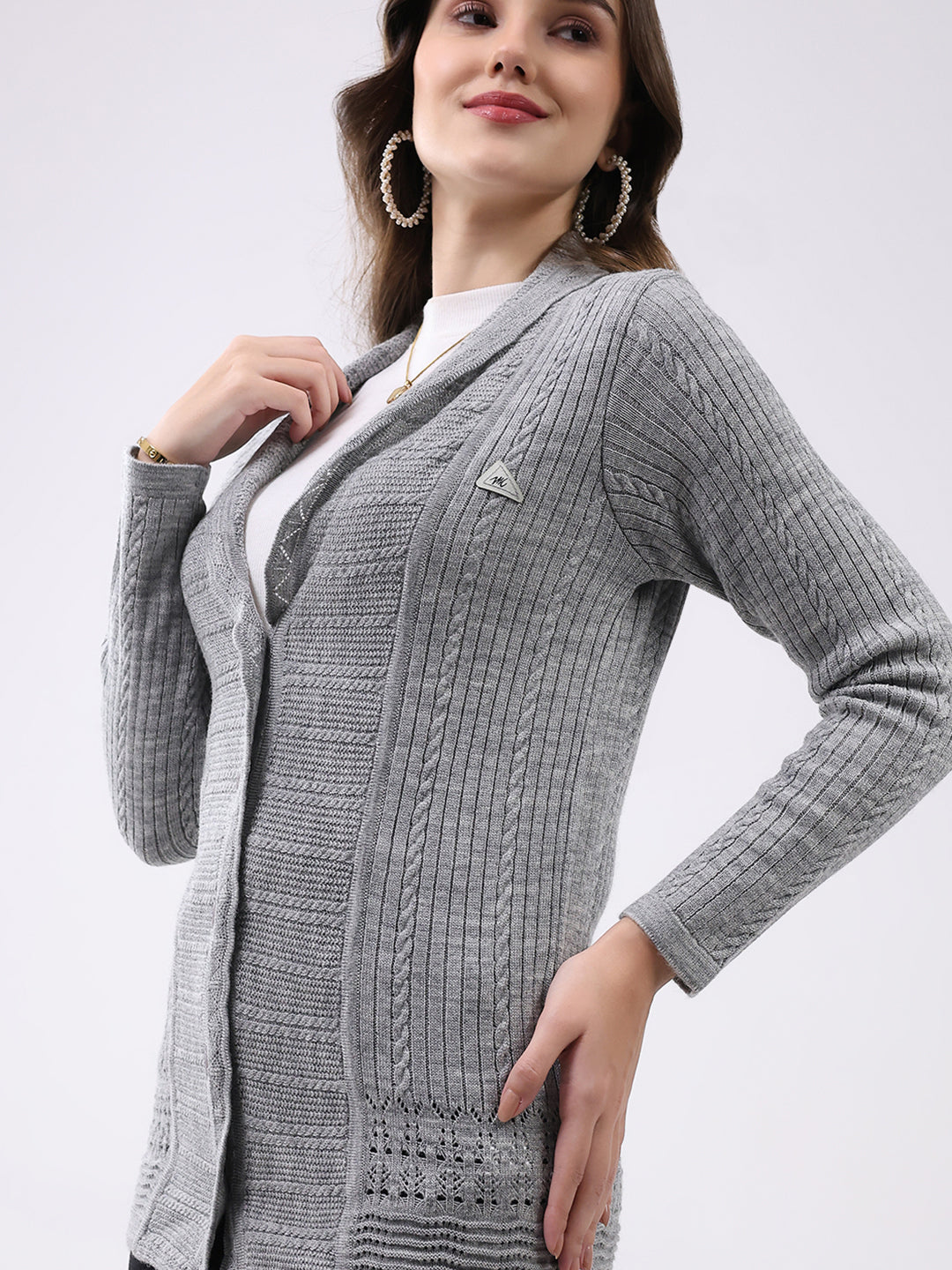 Women Grey Self Design Notch Lapel Collar Full Sleeve Cardigan