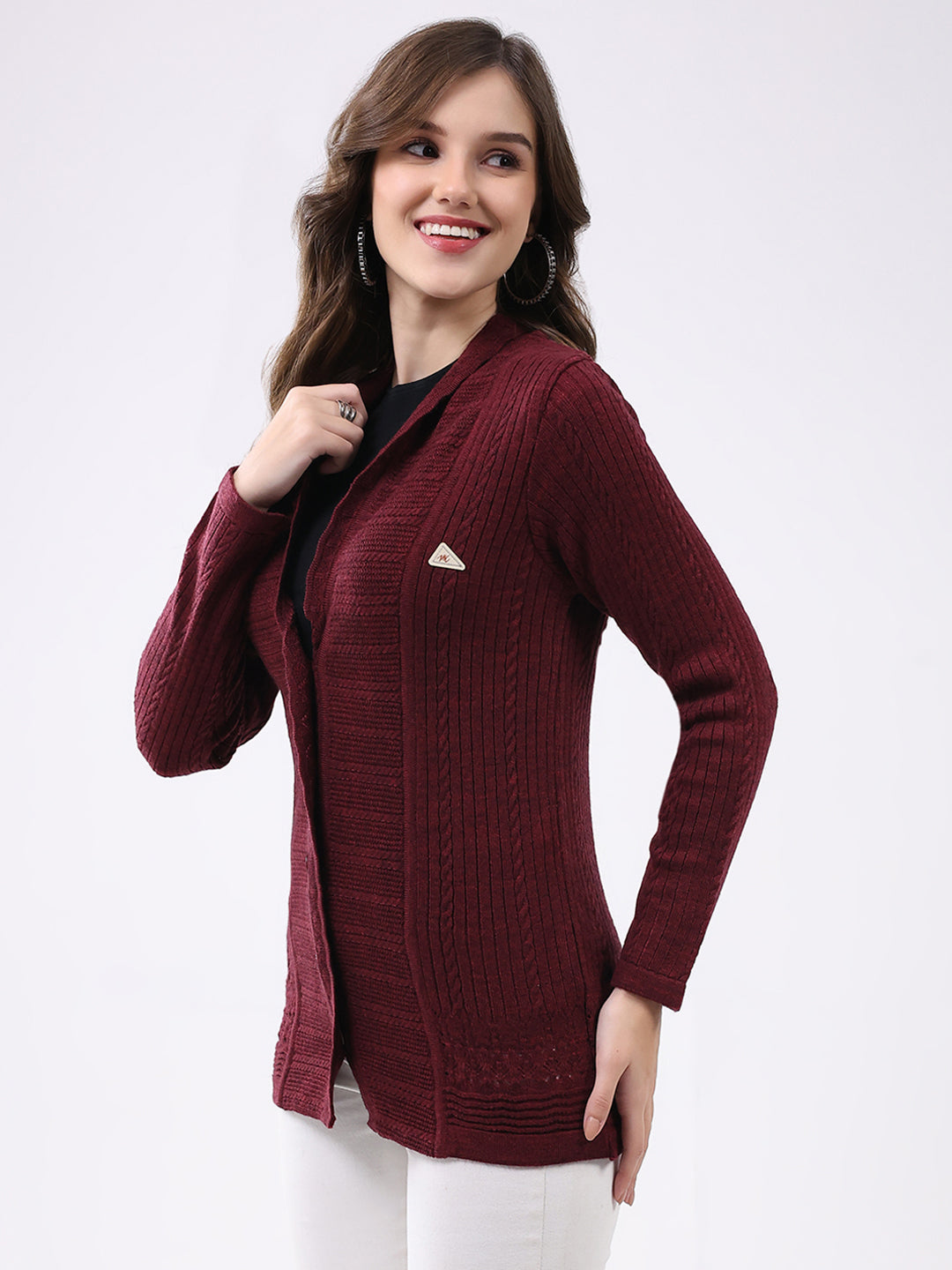 Women Maroon Self Design Notch Lapel Collar Full Sleeve Cardigan