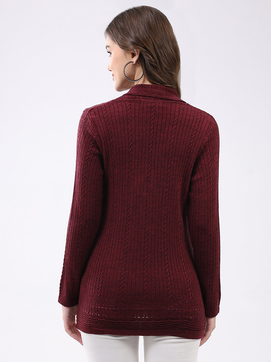 Women Maroon Self Design Notch Lapel Collar Full Sleeve Cardigan