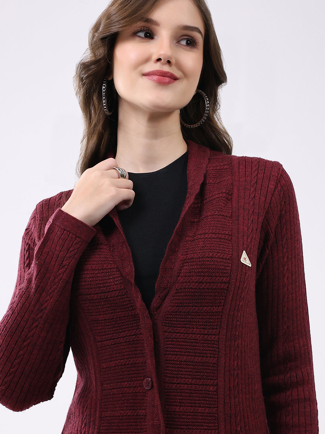 Women Maroon Self Design Notch Lapel Collar Full Sleeve Cardigan