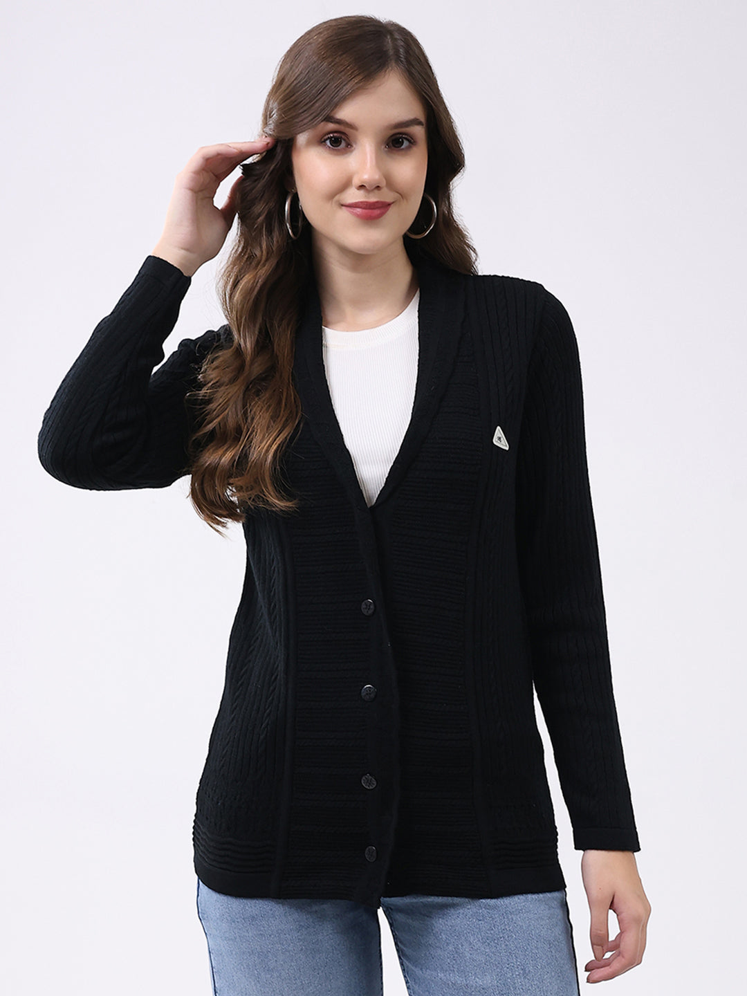 Women Black Self Design Notch Lapel Collar Full Sleeve Cardigan