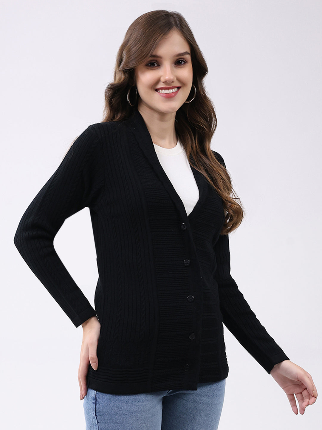 Women Black Self Design Notch Lapel Collar Full Sleeve Cardigan