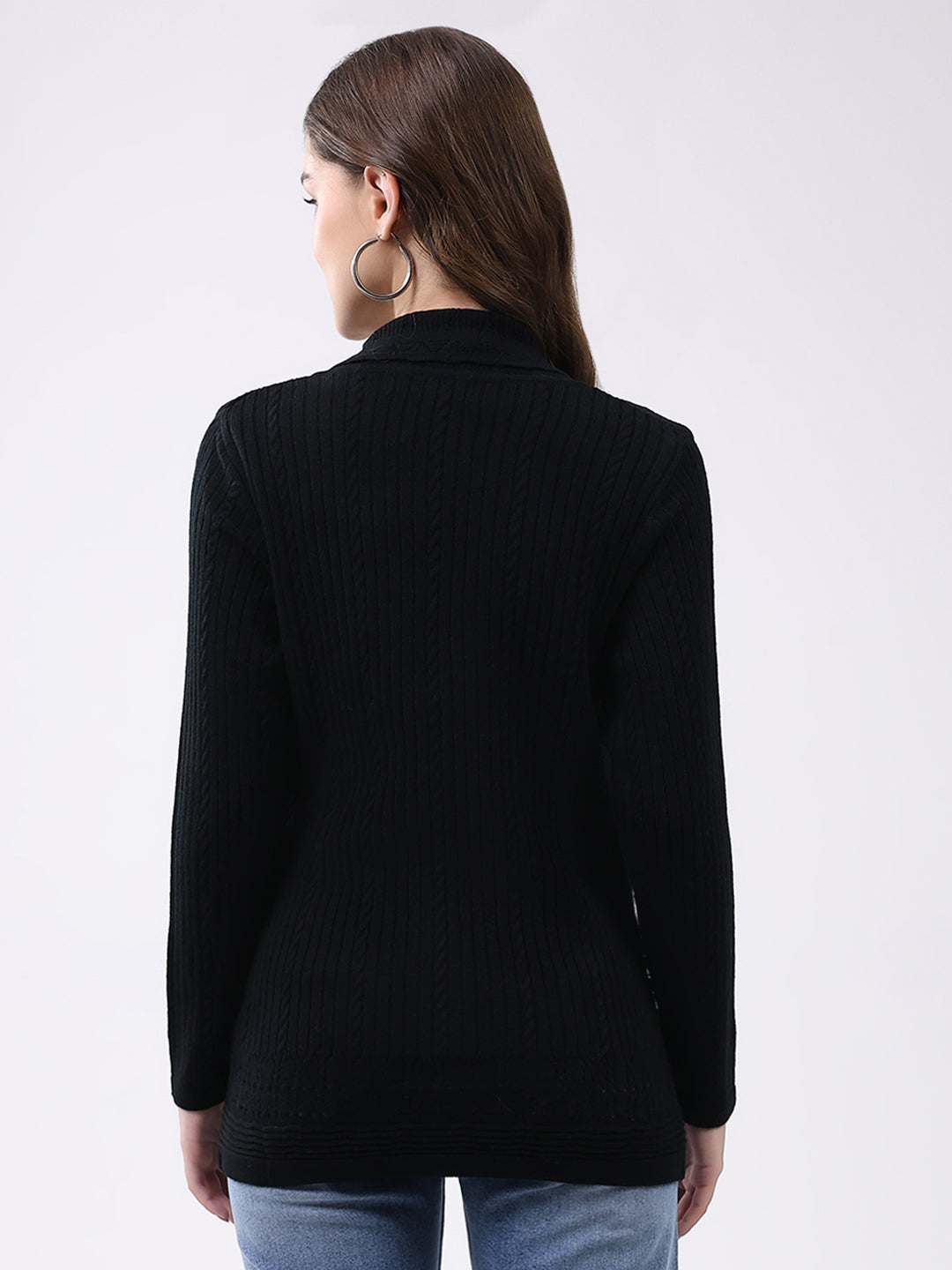 Women Black Self Design Notch Lapel Collar Full Sleeve Cardigan