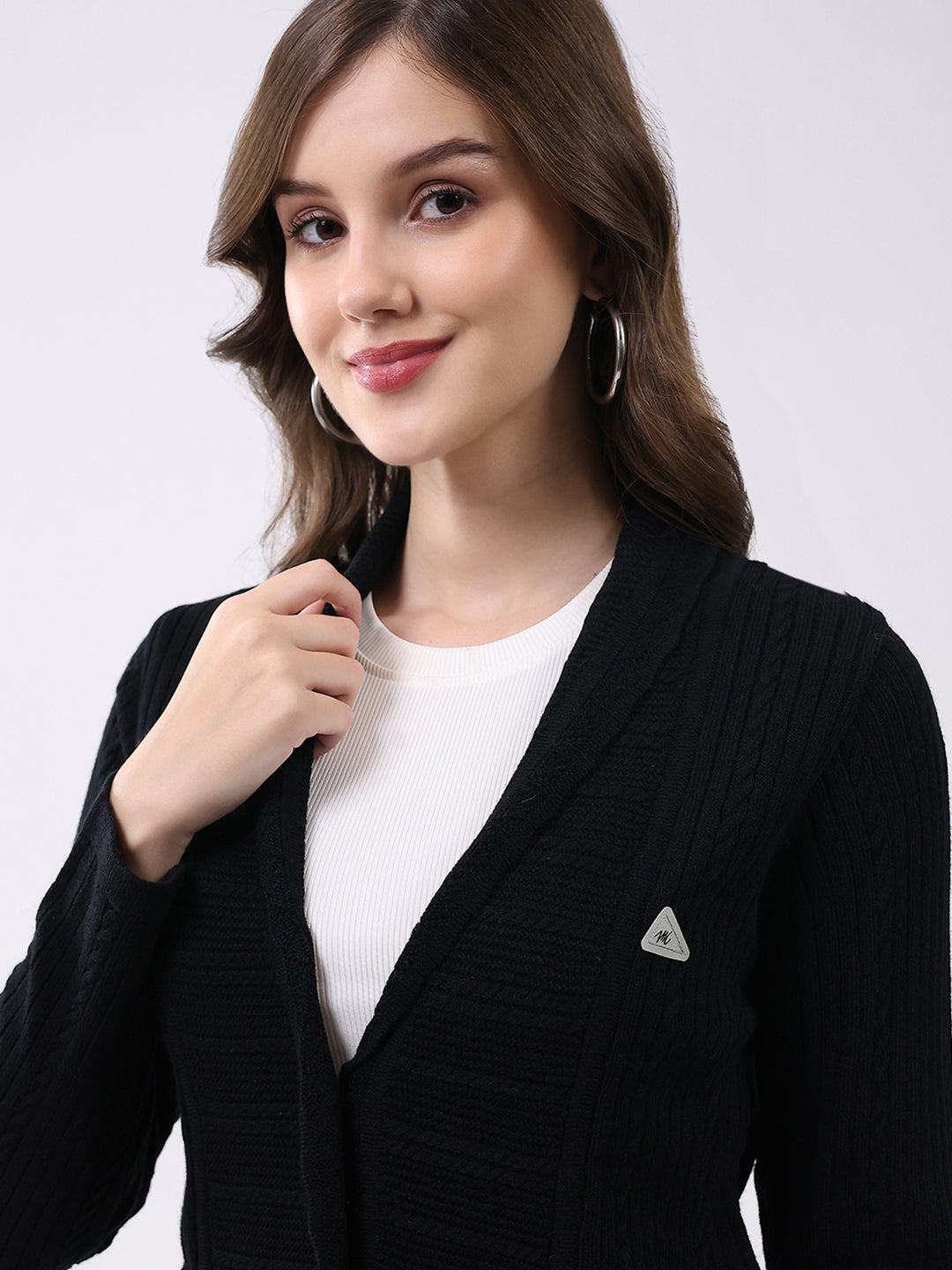 Women Black Self Design Notch Lapel Collar Full Sleeve Cardigan