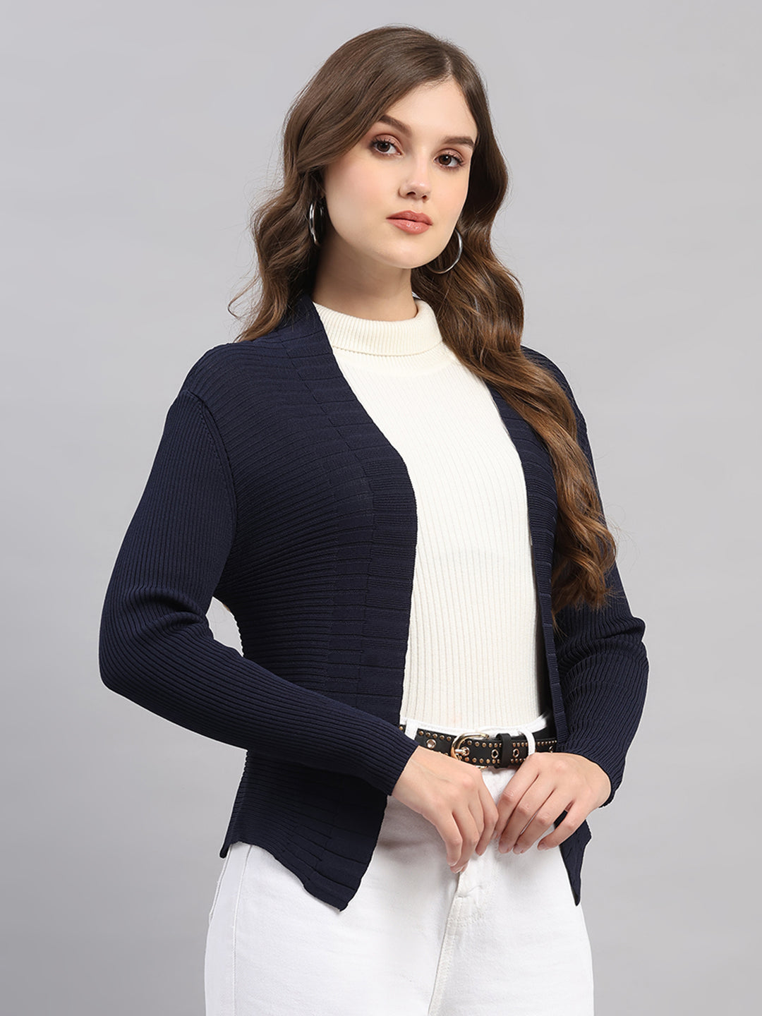 Women Navy Blue Self Design V Neck Full Sleeve Cardigan
