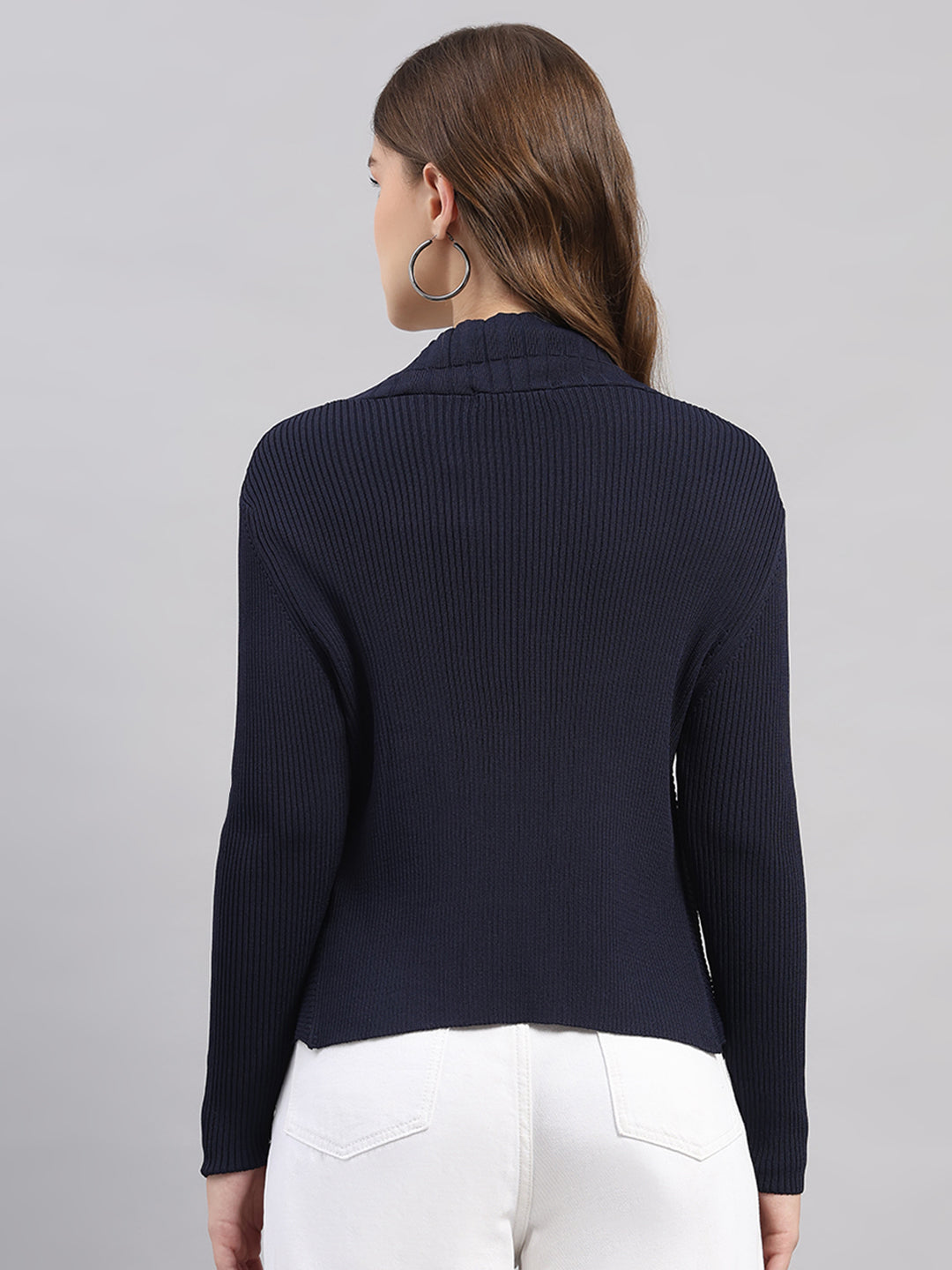 Women Navy Blue Self Design V Neck Full Sleeve Cardigan