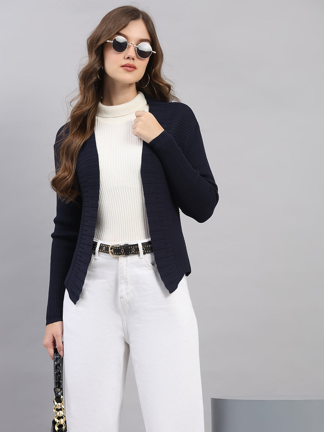 Women Navy Blue Self Design V Neck Full Sleeve Cardigan