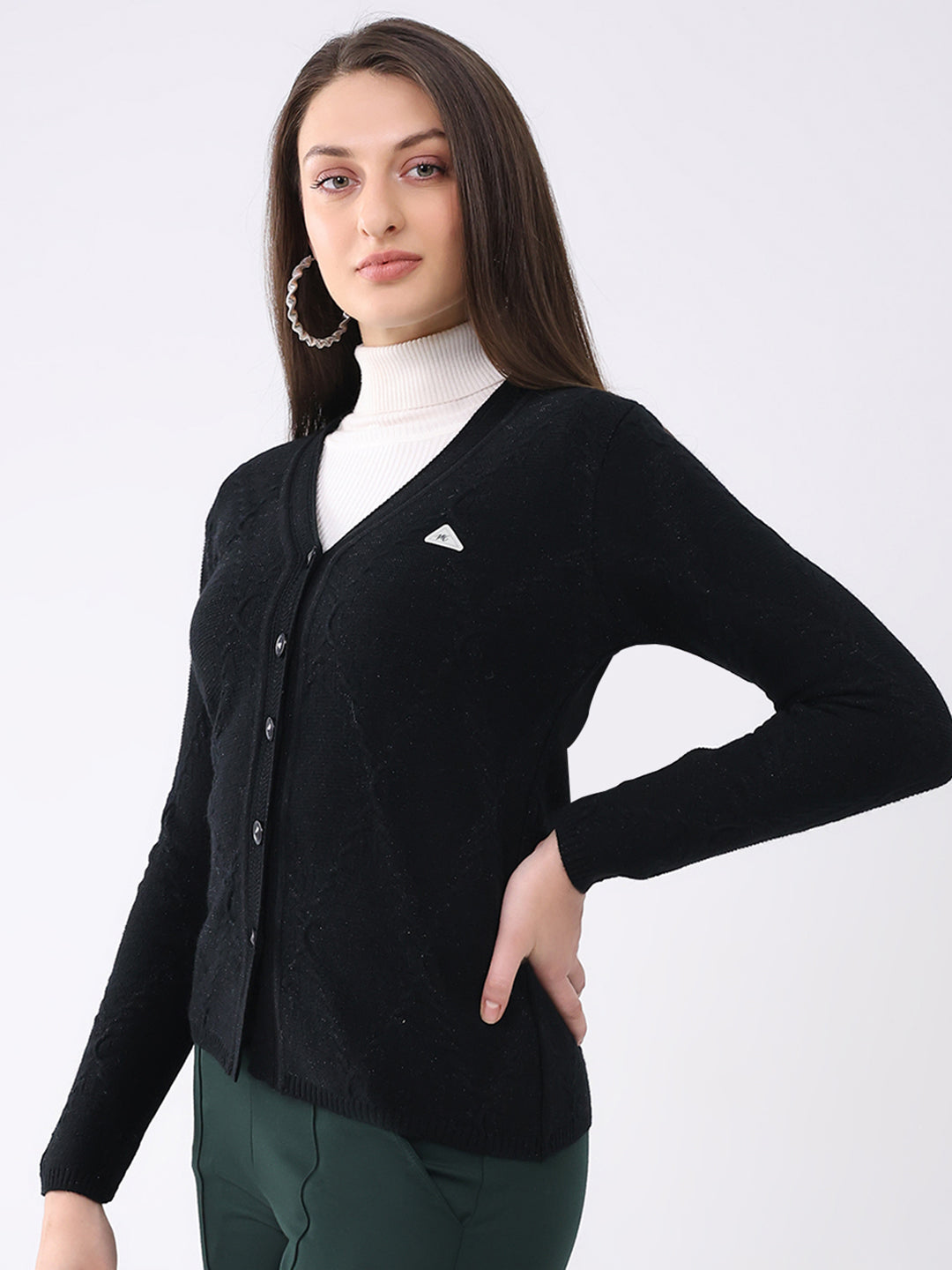Women Black Solid V Neck Full Sleeve Cardigan