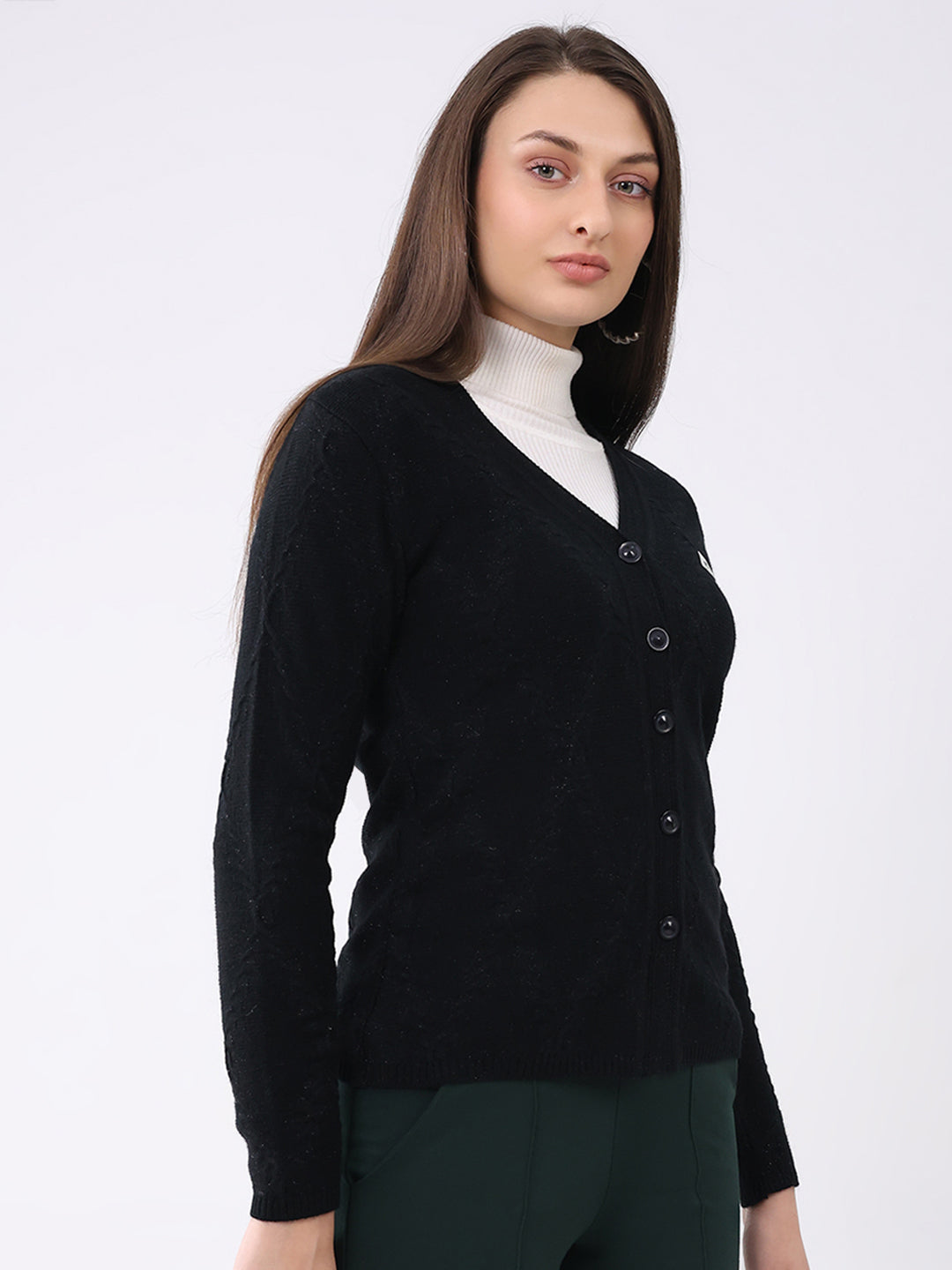 Women Black Solid V Neck Full Sleeve Cardigan