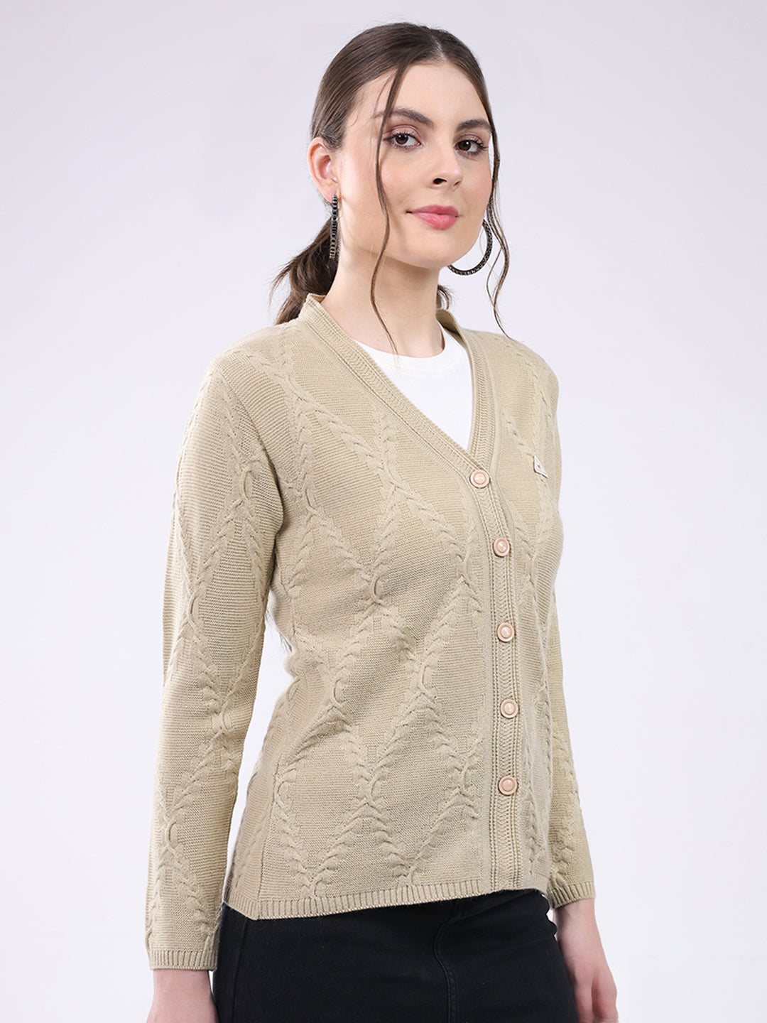 Women Beige Self Design V Neck Full Sleeve Cardigan
