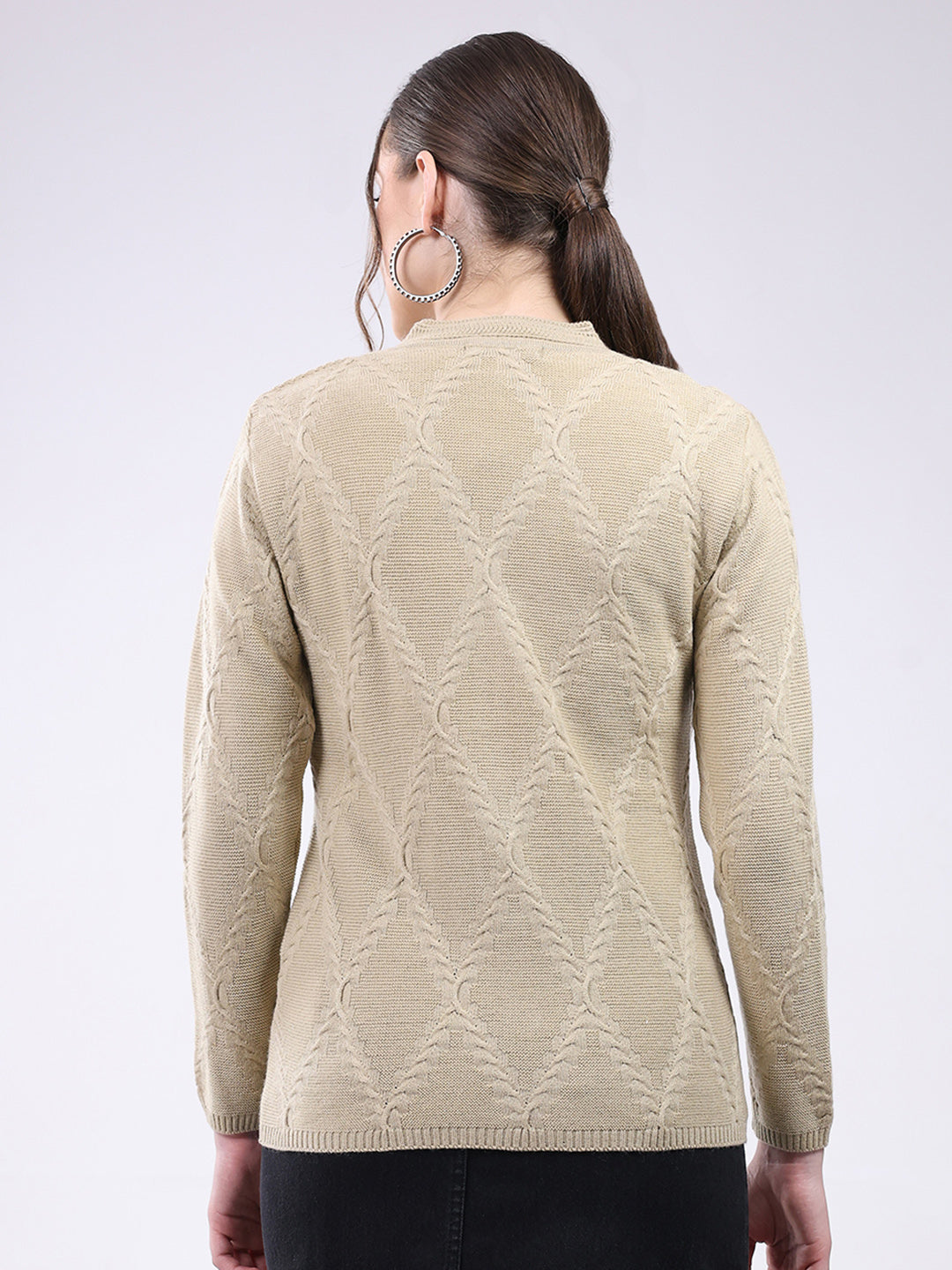 Women Beige Self Design V Neck Full Sleeve Cardigan