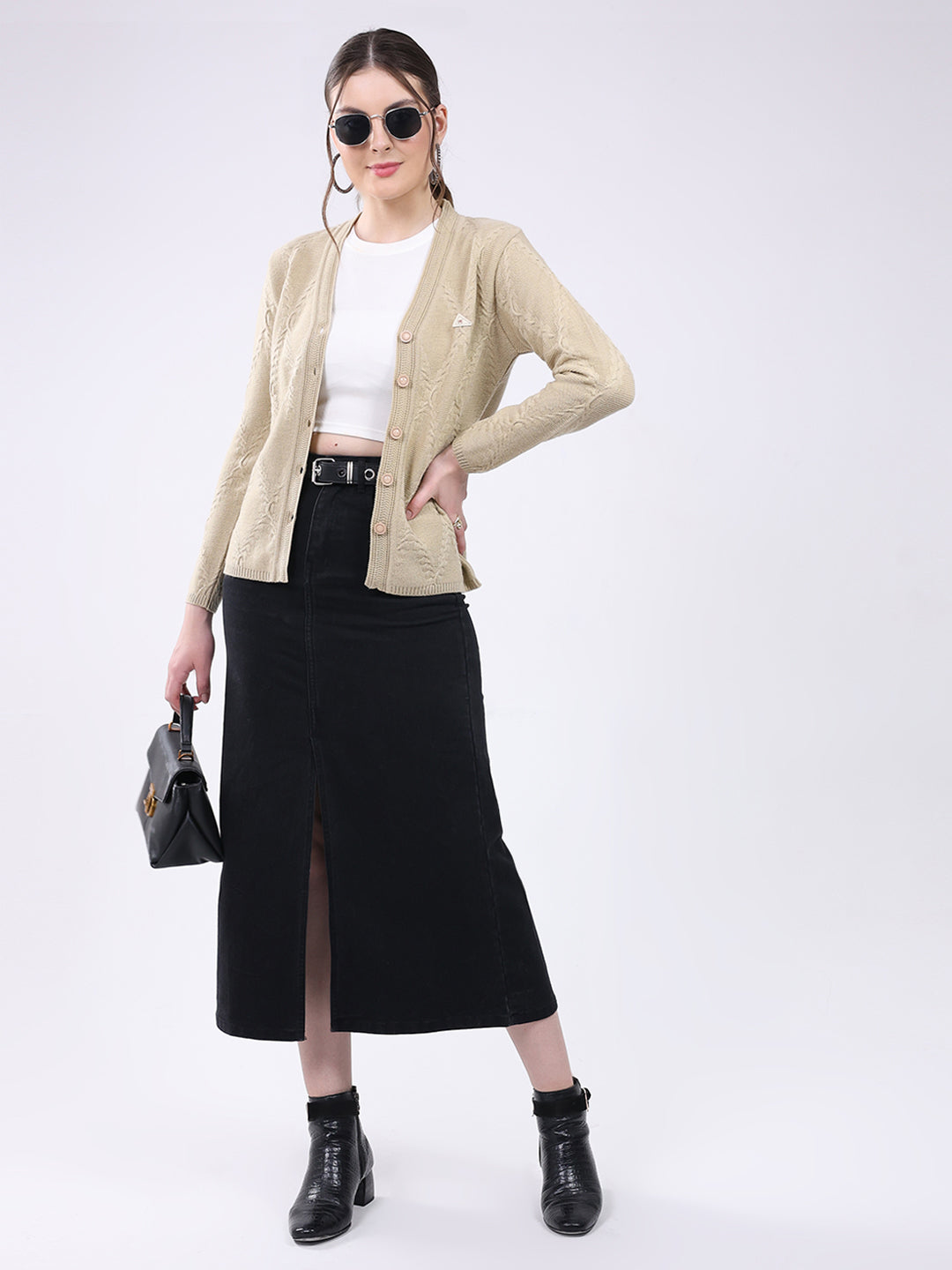 Women Beige Self Design V Neck Full Sleeve Cardigan