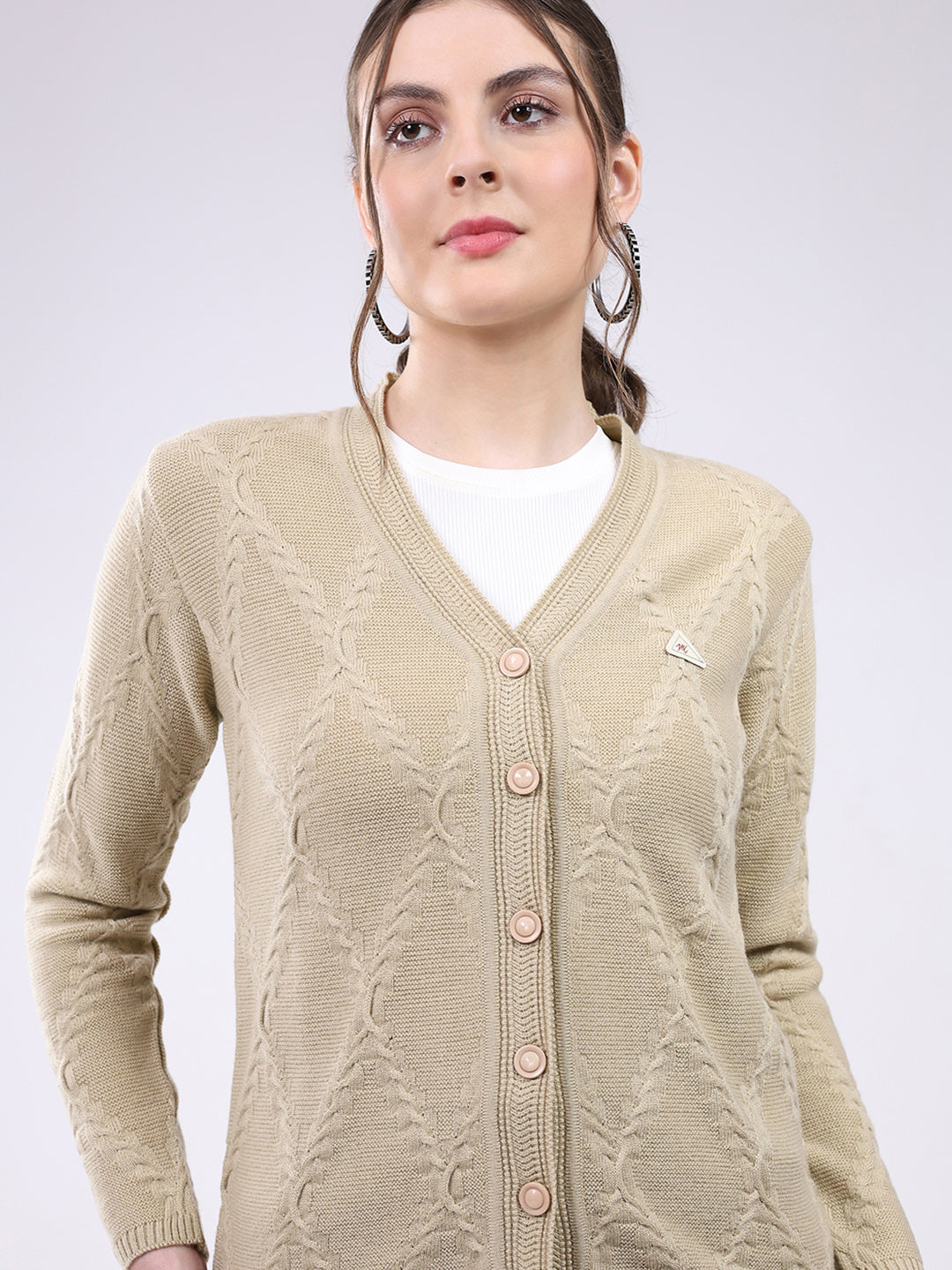 Women Beige Self Design V Neck Full Sleeve Cardigan