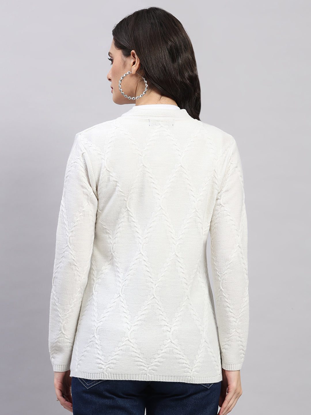 Women White Printed V Neck Full Sleeve Cardigan