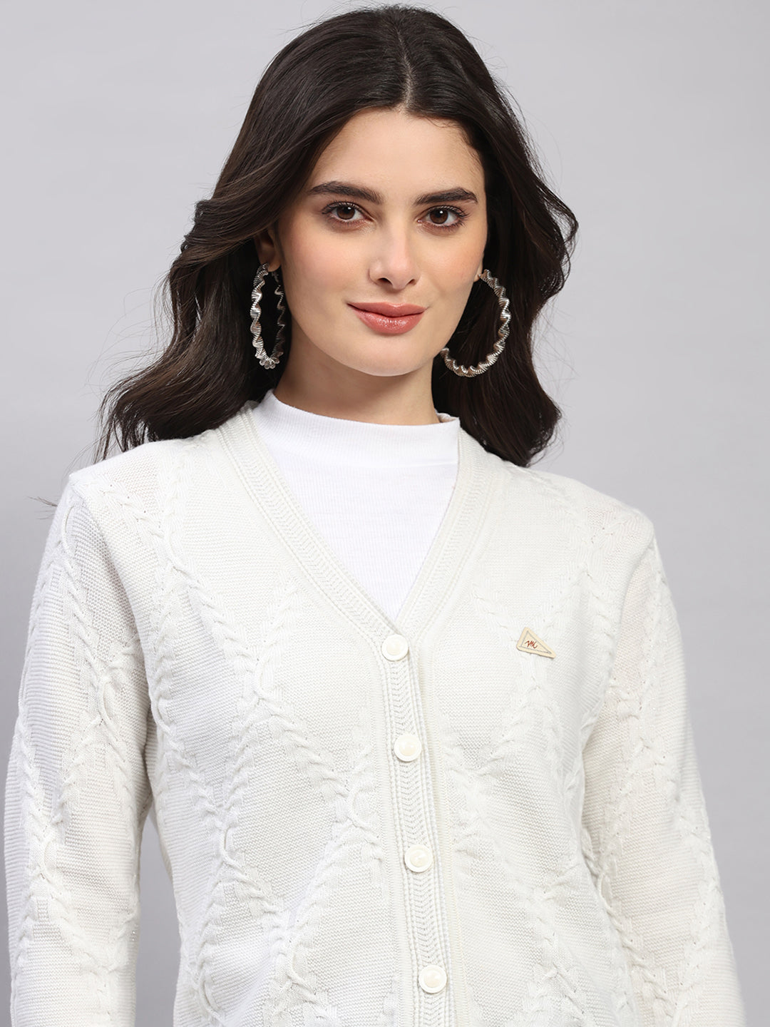 Women White Printed V Neck Full Sleeve Cardigan
