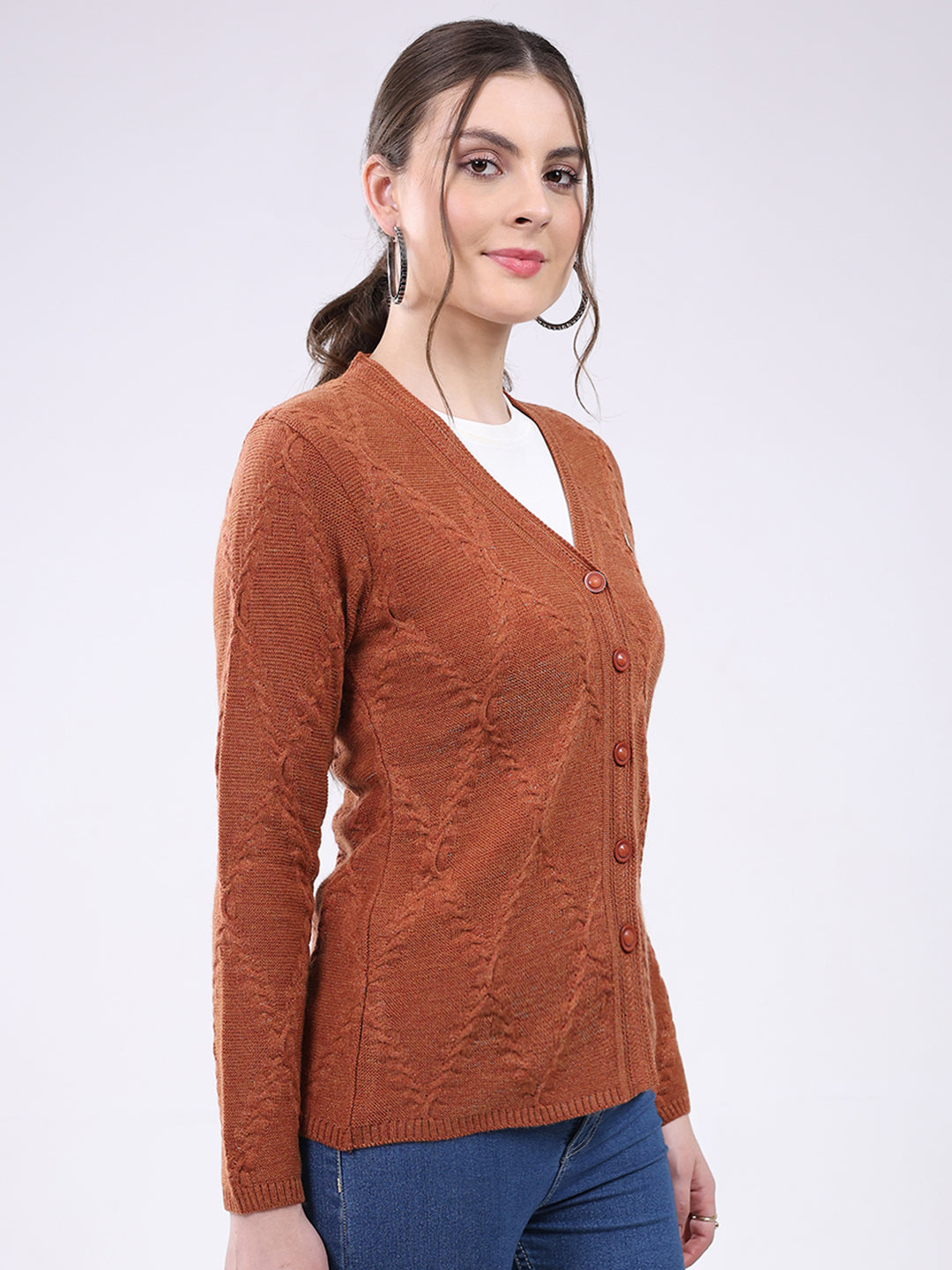 Women Rust Self Design V Neck Full Sleeve Cardigan