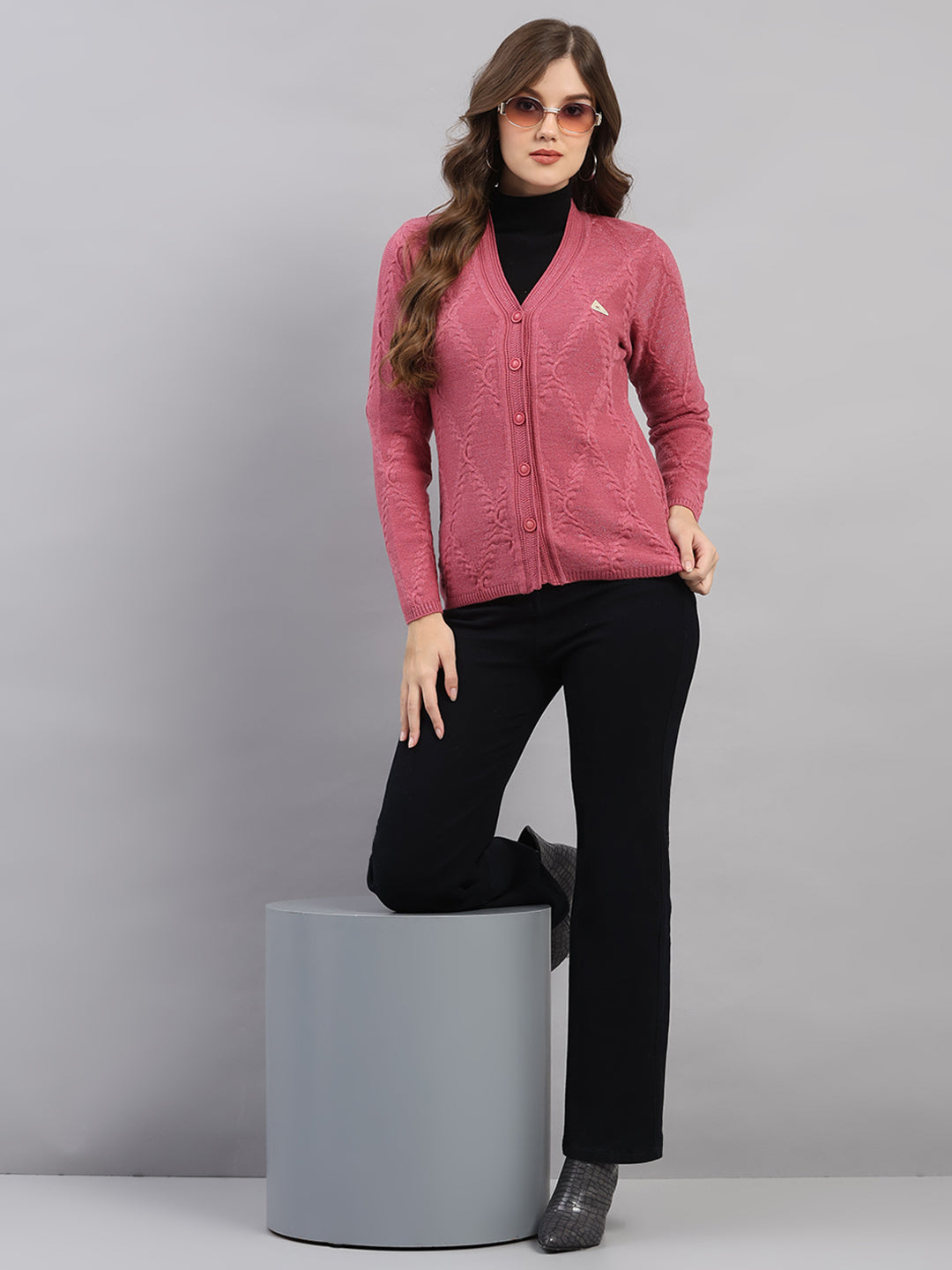 Women Pink Printed V Neck Full Sleeve Cardigan