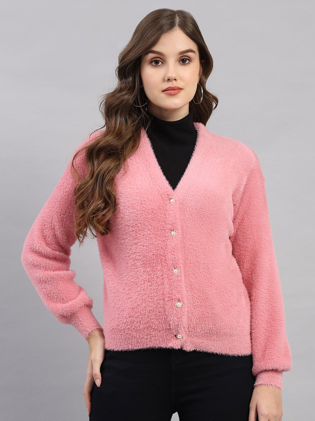 Women Pink Self Design V Neck Full Sleeve Cardigan