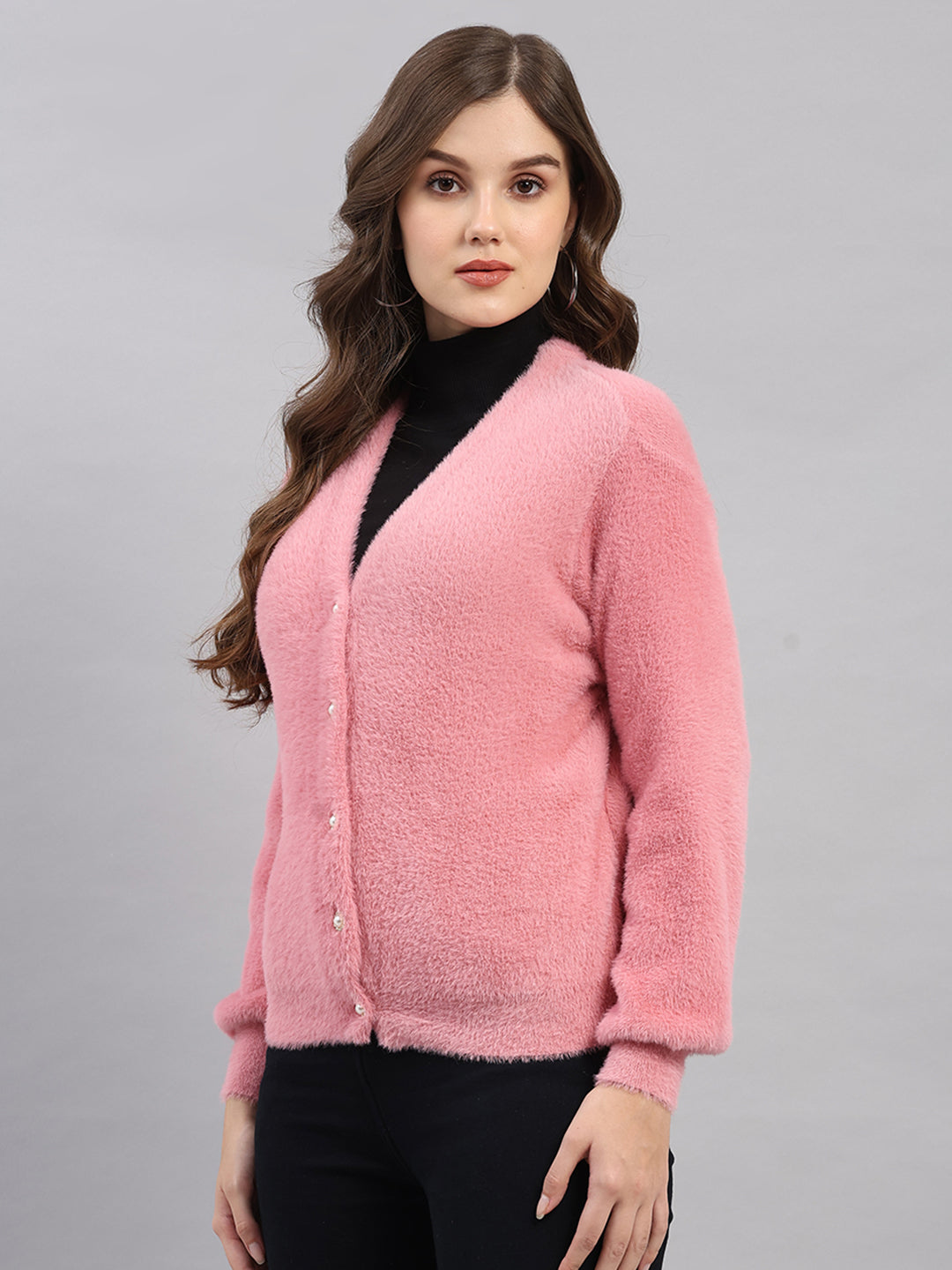 Women Pink Self Design V Neck Full Sleeve Cardigan