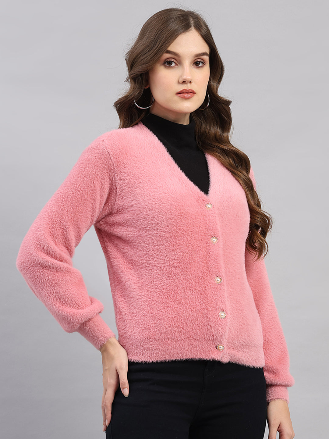 Women Pink Self Design V Neck Full Sleeve Cardigan