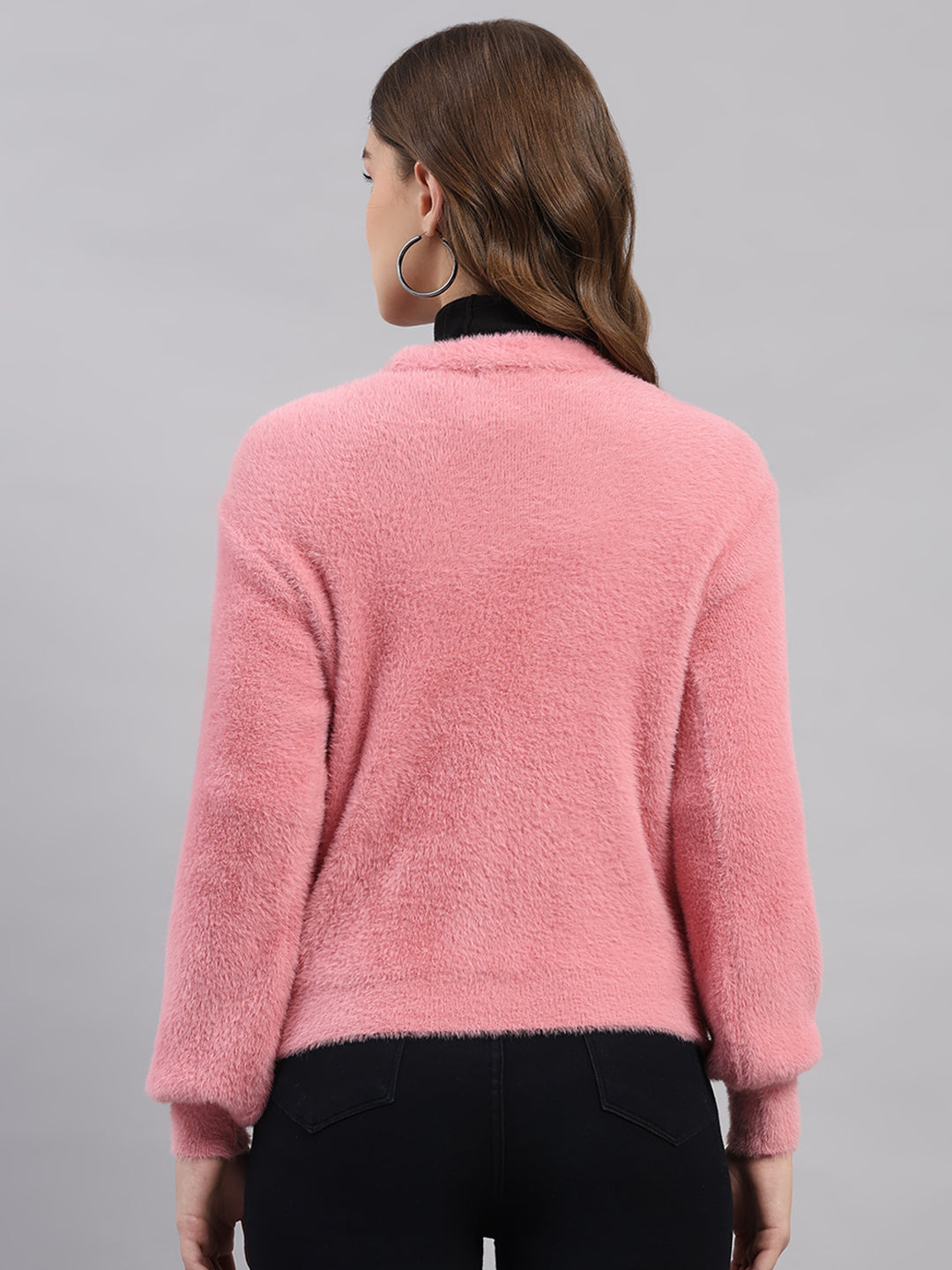 Women Pink Self Design V Neck Full Sleeve Cardigan