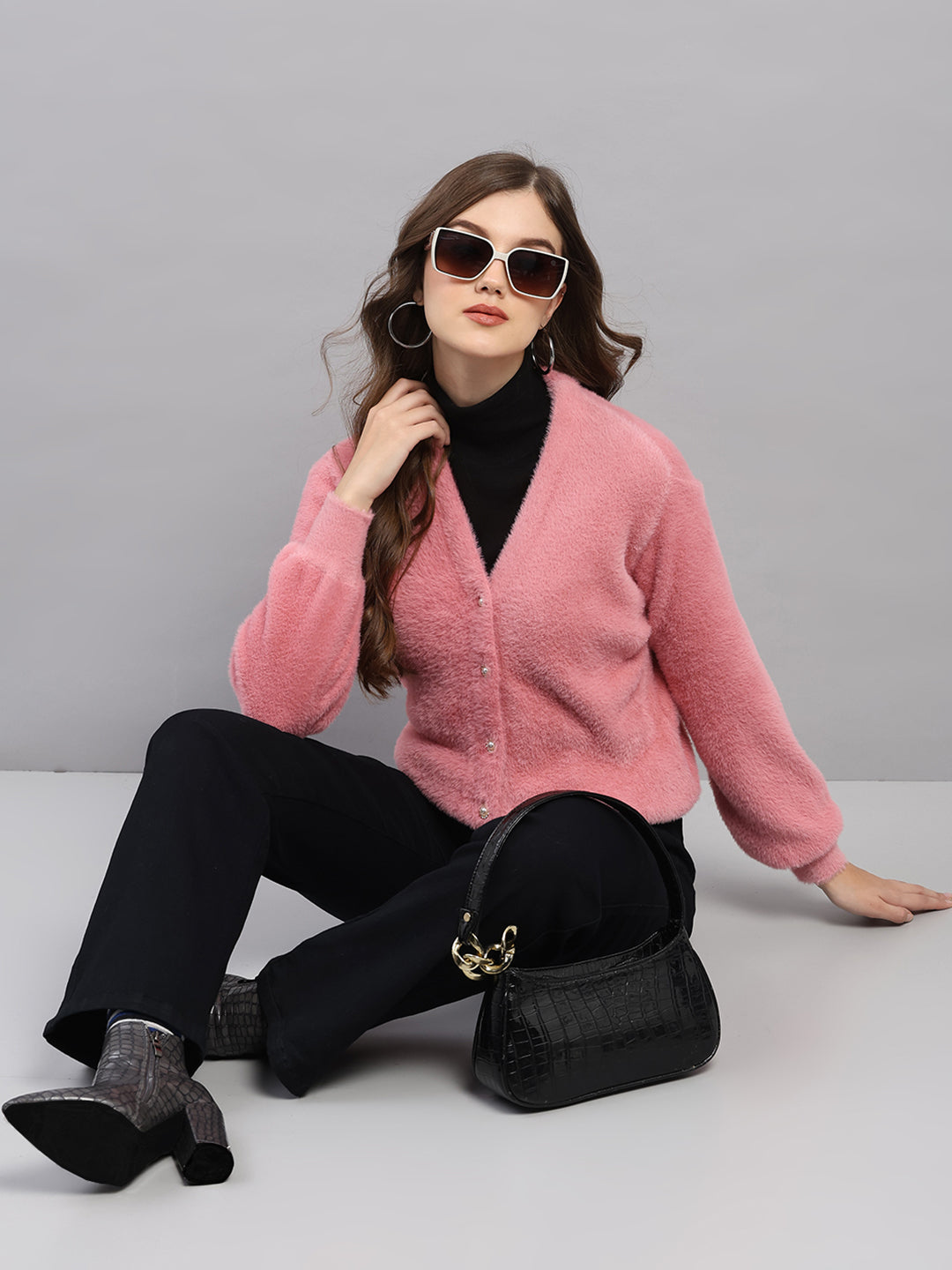 Women Pink Self Design V Neck Full Sleeve Cardigan
