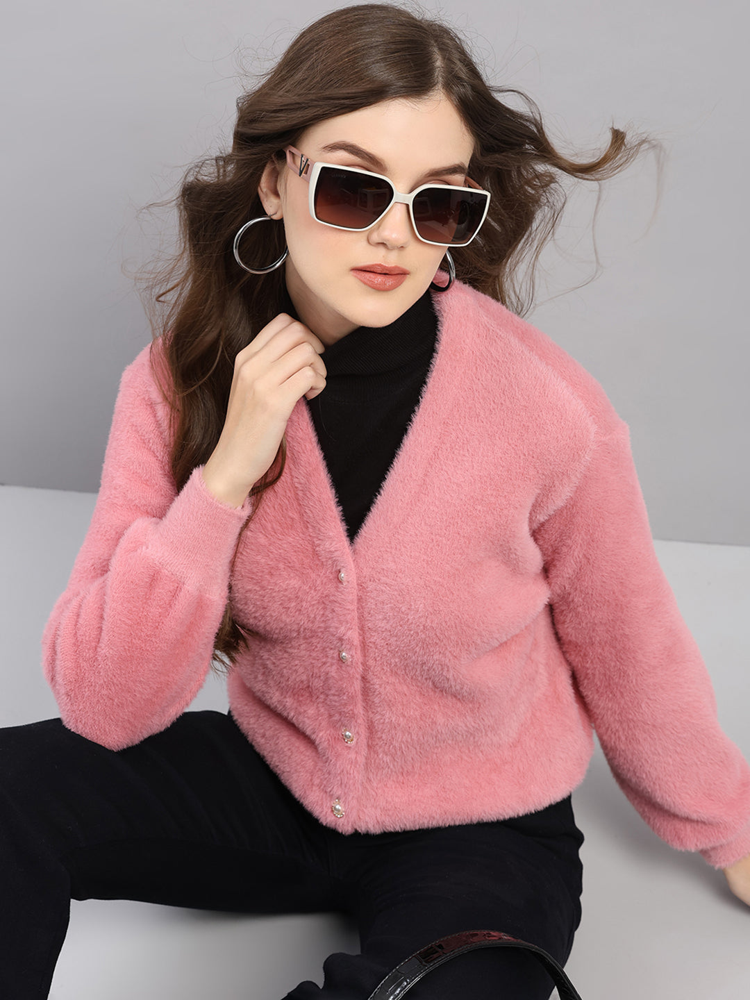 Women Pink Self Design V Neck Full Sleeve Cardigan