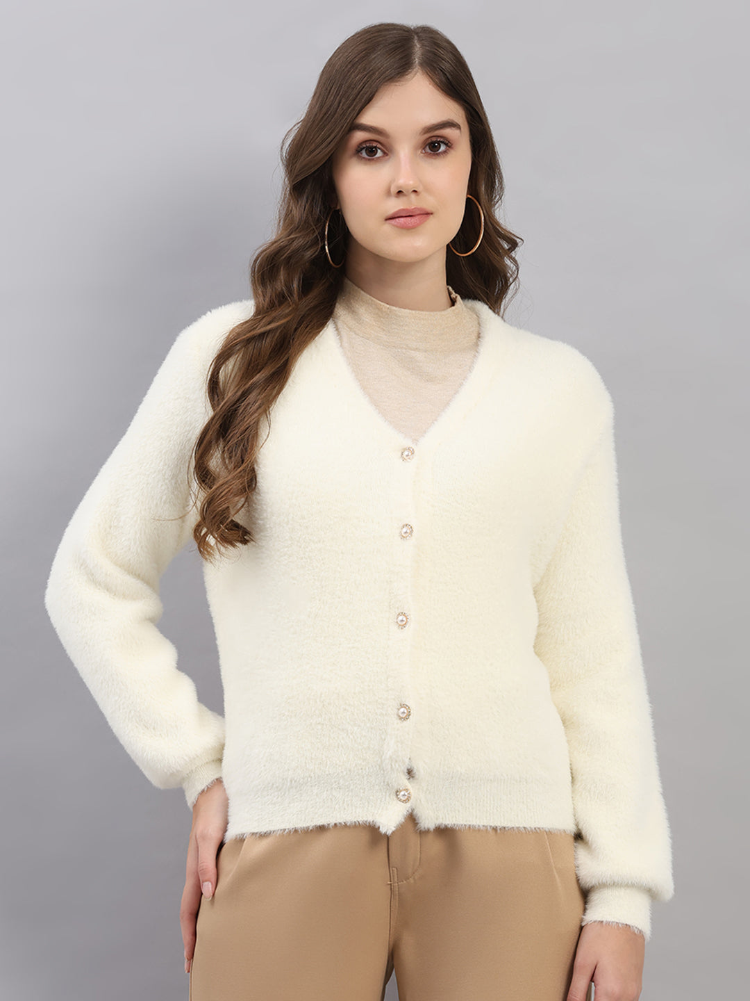 Women White Self Design V Neck Full Sleeve Cardigan