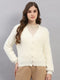Women White Self Design V Neck Full Sleeve Cardigan