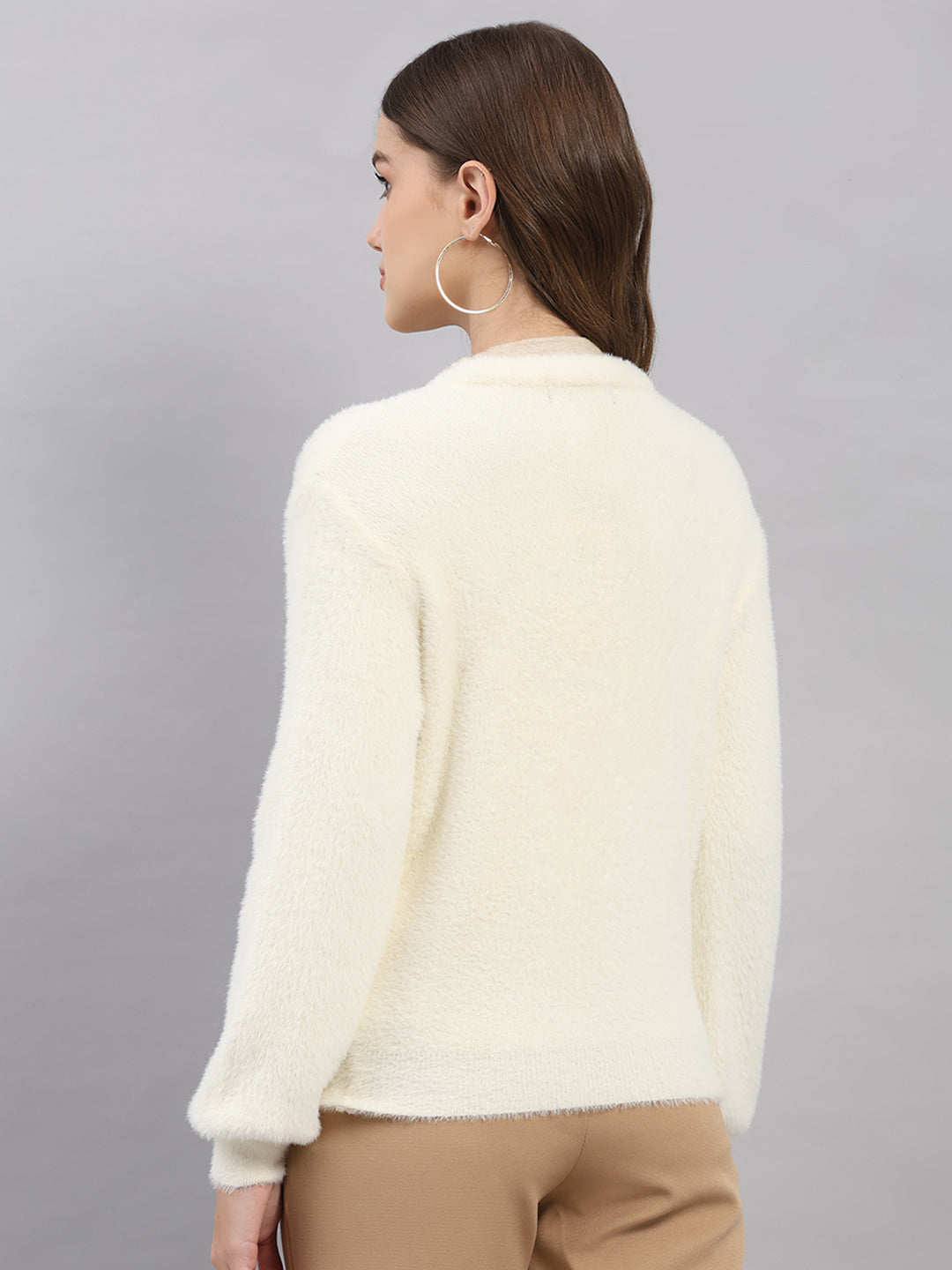 Women White Self Design V Neck Full Sleeve Cardigan