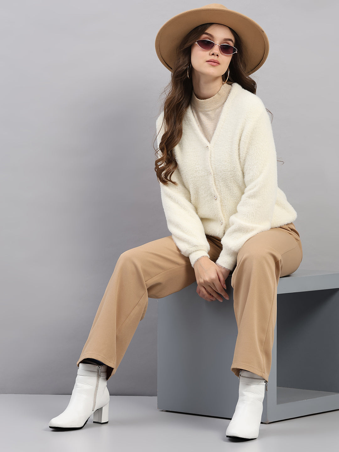 Women White Self Design V Neck Full Sleeve Cardigan