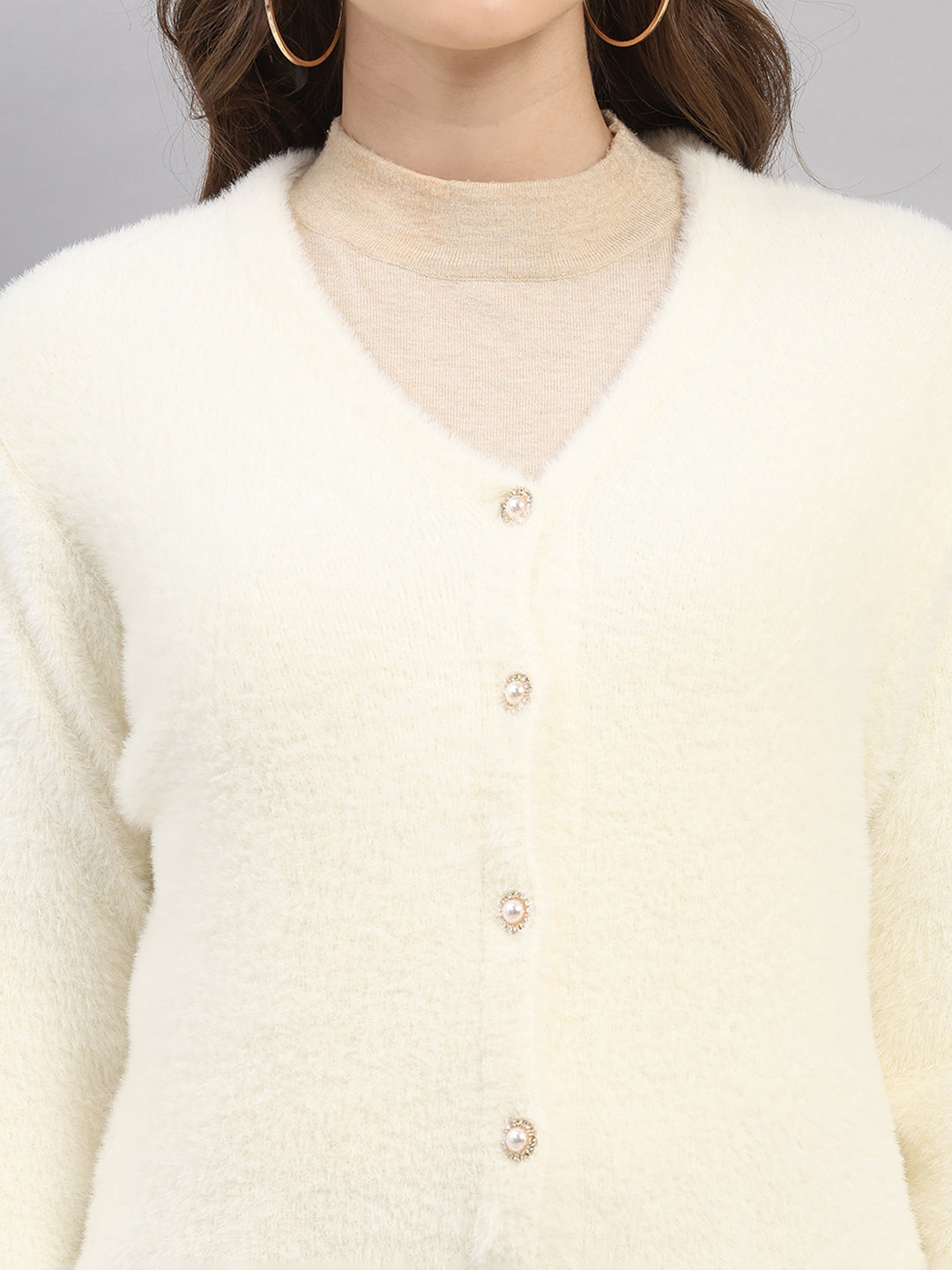 Women White Self Design V Neck Full Sleeve Cardigan