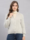 Women Light Grey Self Design V Neck Full Sleeve Cardigan