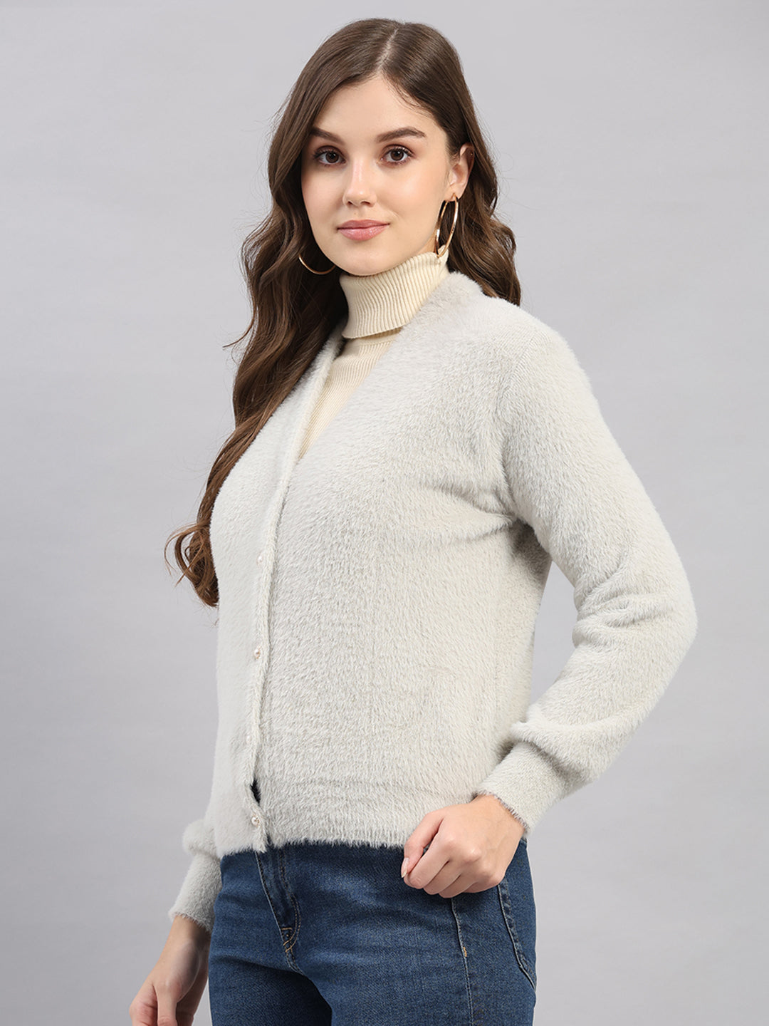 Women Light Grey Self Design V Neck Full Sleeve Cardigan
