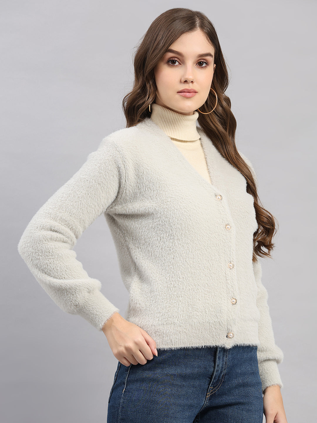 Women Light Grey Self Design V Neck Full Sleeve Cardigan