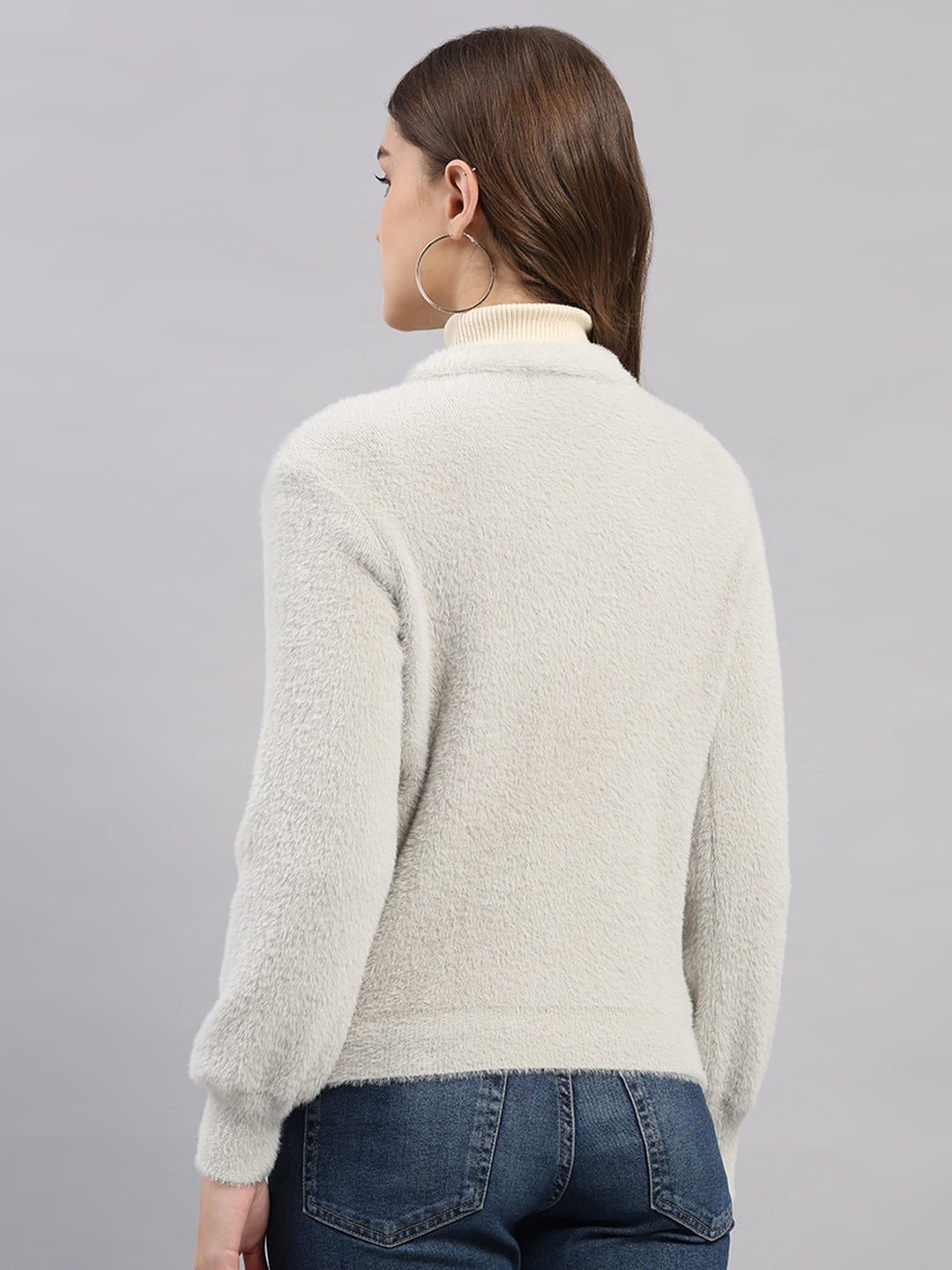 Women Light Grey Self Design V Neck Full Sleeve Cardigan