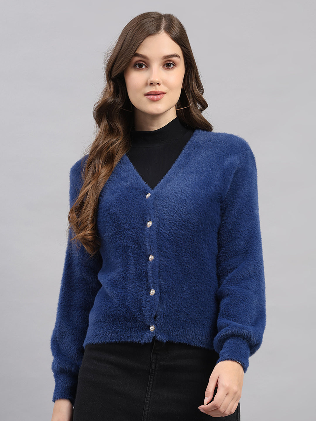 Women Blue Self Design V Neck Full Sleeve Cardigan