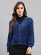 Women Blue Self Design V Neck Full Sleeve Cardigan