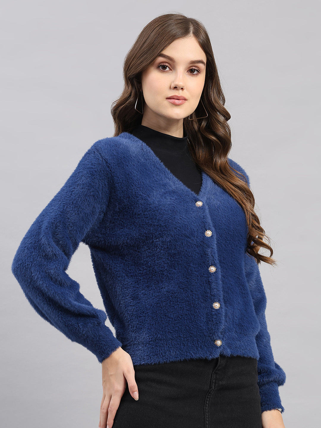 Women Blue Self Design V Neck Full Sleeve Cardigan