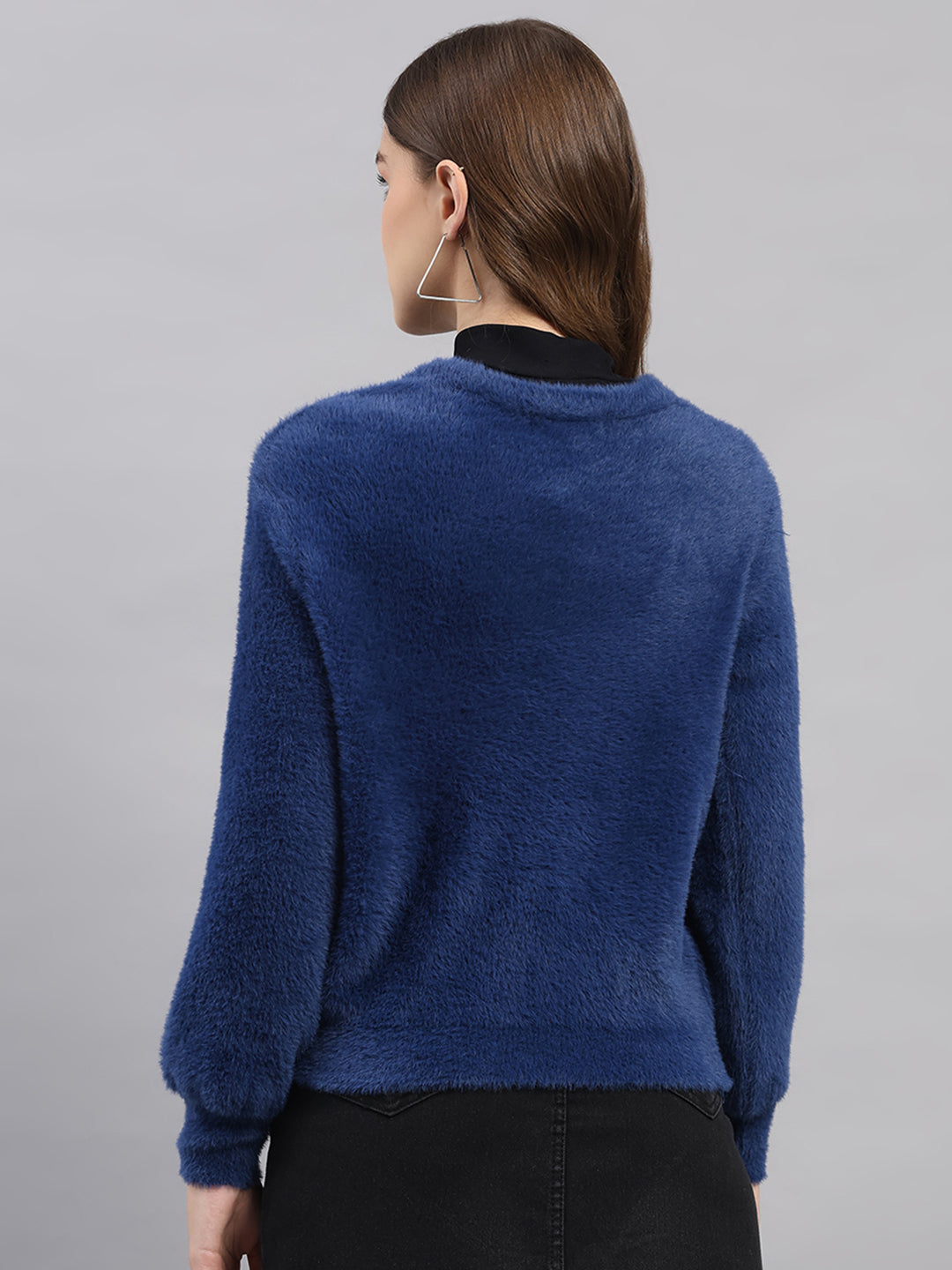 Women Blue Self Design V Neck Full Sleeve Cardigan
