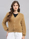 Women Camel Brown Self Design V Neck Full Sleeve Cardigan