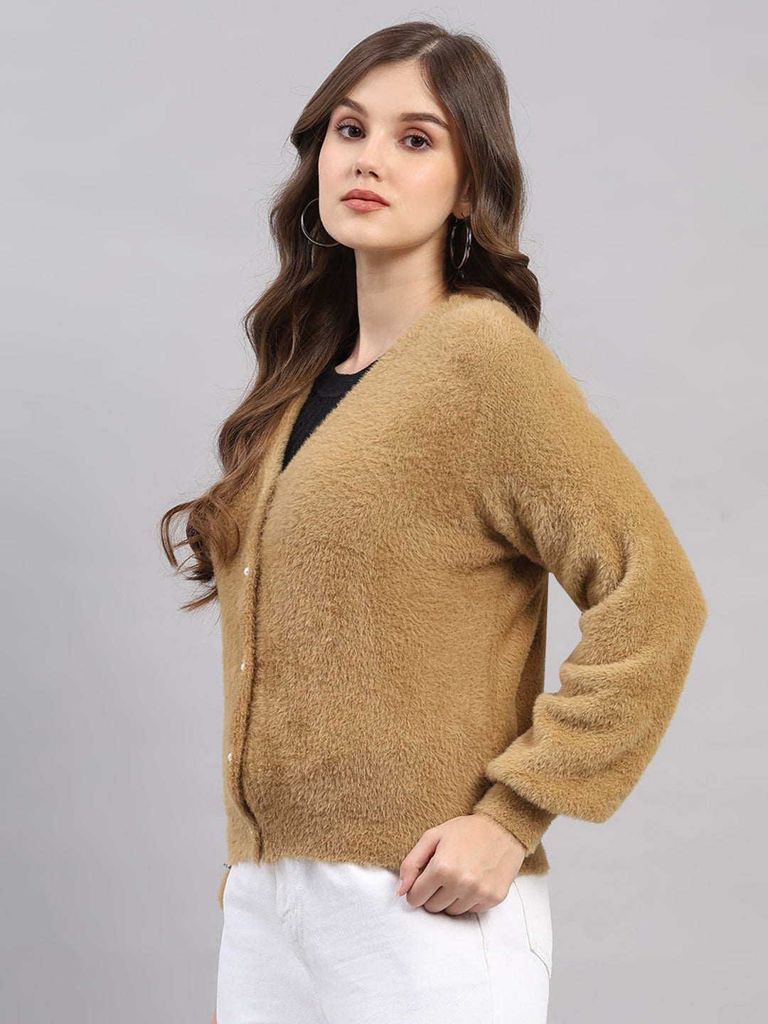 Women Camel Brown Self Design V Neck Full Sleeve Cardigan
