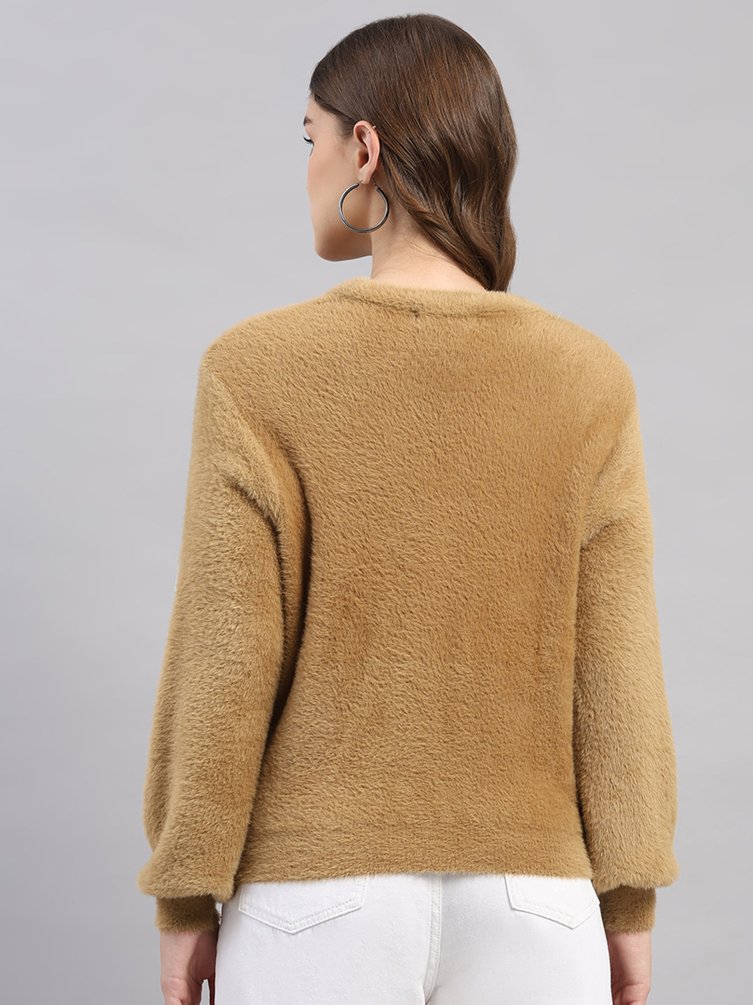 Women Camel Brown Self Design V Neck Full Sleeve Cardigan