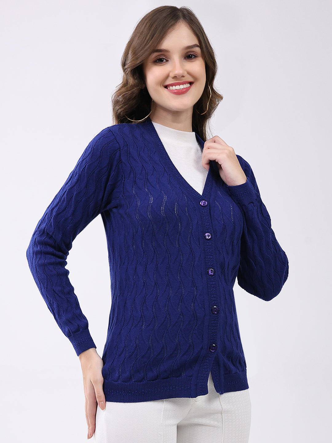 Women Blue Self Design V Neck Full Sleeve Cardigan