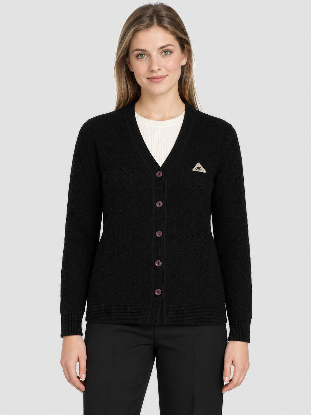 Women Black Self Design V Neck Full Sleeve Cardigan